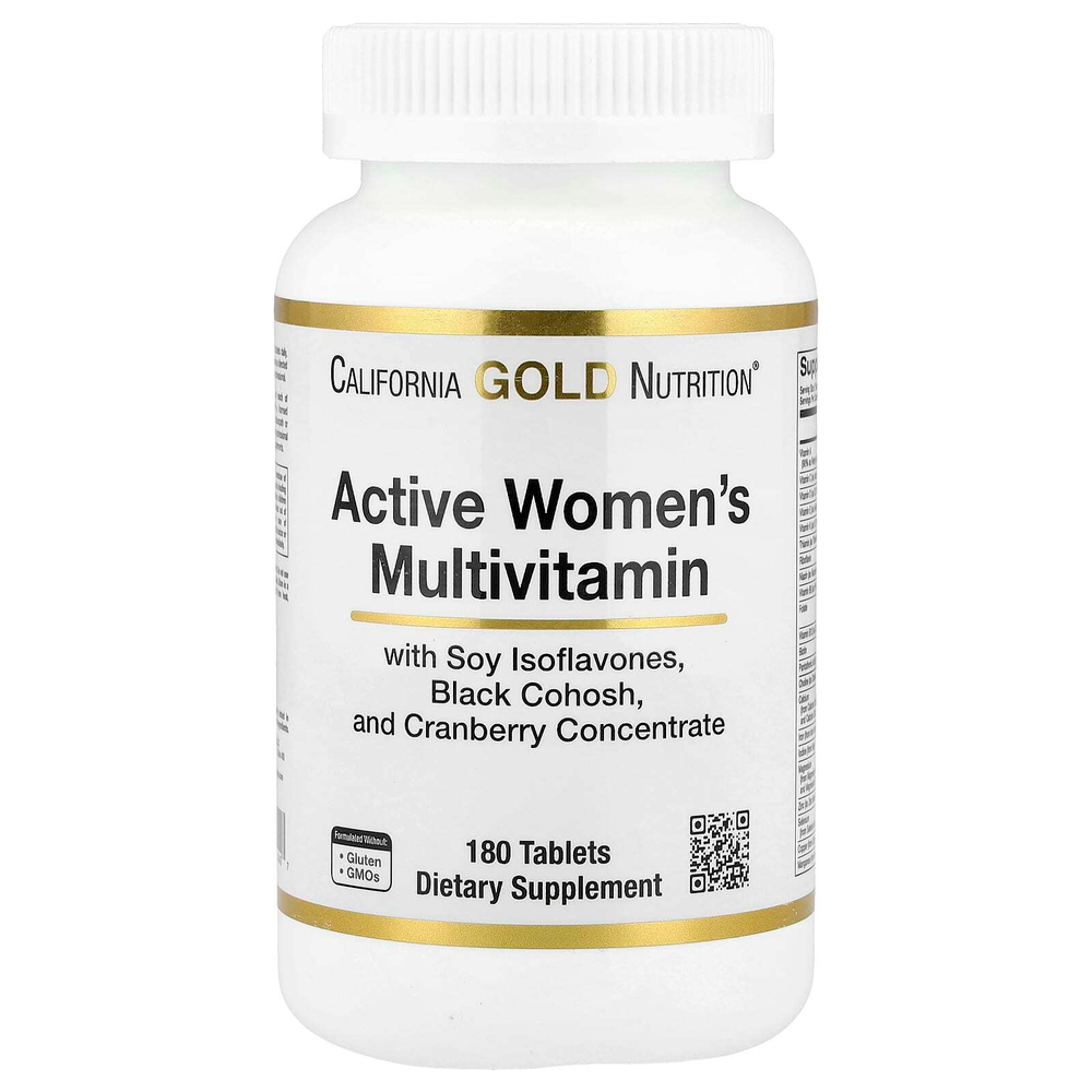 California Gold Nutrition, мультивитамины для активных женщин, с воронцом кистевидным, изофлавонами сои и концентратом клюквы, 180 таблеток
