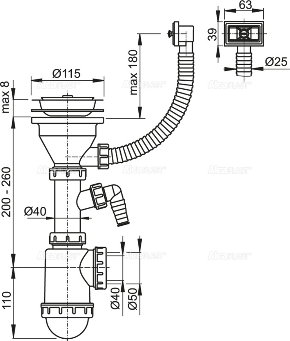 Сифон для мойки AlcaPlast A447P-DN50/40