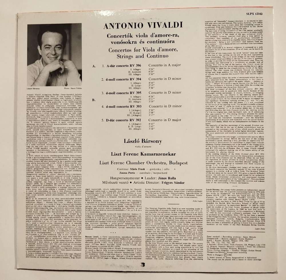 Винтажная виниловая пластинка LP Vivaldi А. Вивальди Concertos For Viola DAmore And Strings (Венгрия 1980)