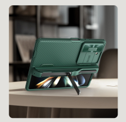 Чехол зеленого цвета (Deep Green) с держателем для S Pen на Samsung Galaxy Z Fold 5 от Nillkin, серия CamShield Fold Case-Pen Holder Version, с сдвижной шторкой для камеры