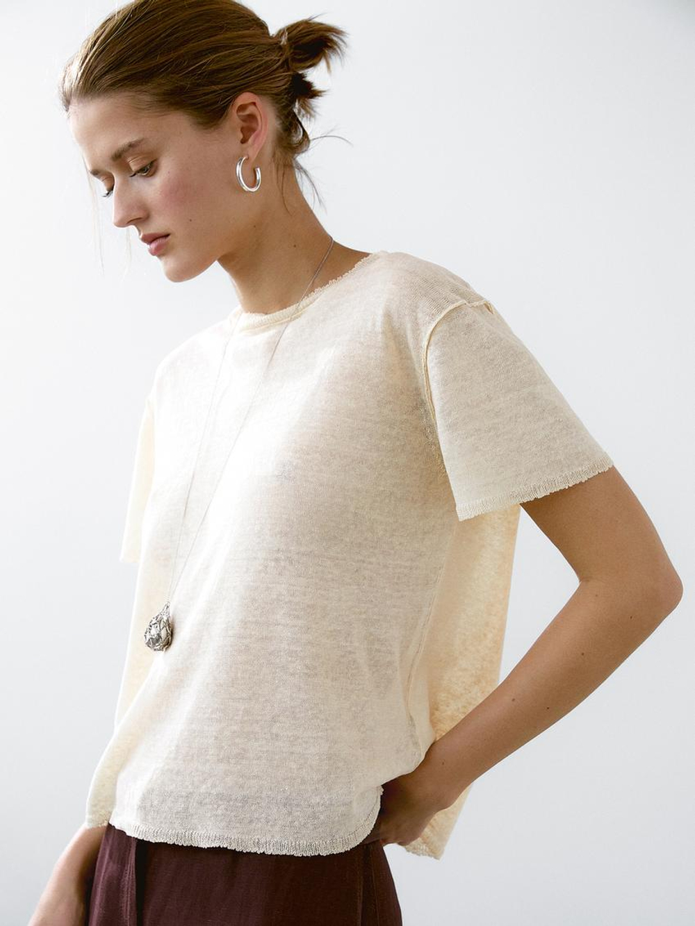 Massimo Dutti Ажурная футболка из смесового льна, натуральный, кремовый