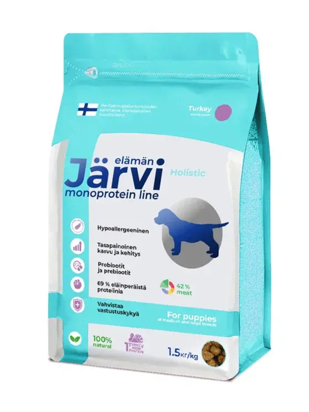 Jarvi сухой монопротеиновый полнорационный корм для щенков средних и крупных пород, Индейка, 1,5кг.