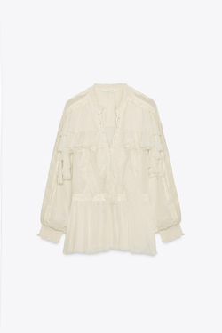 ZARA БЛУЗА С ВОЛАНАМИ И КРУЖЕВОМ ZW COLLECTION, ЭКРЮ