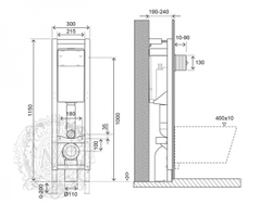 Система инсталляции для подвесного унитаза Migliore Quadra с возможностью установки в угол (крепление стена-пол, без кнопки) H1150xL300xP190/240 mm схема