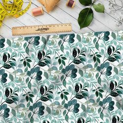 Ткань кулирная гладь акварельные листочки и цветочки