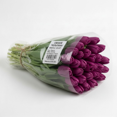 50 тюльпанов в пачке от производителя, фиолетовые