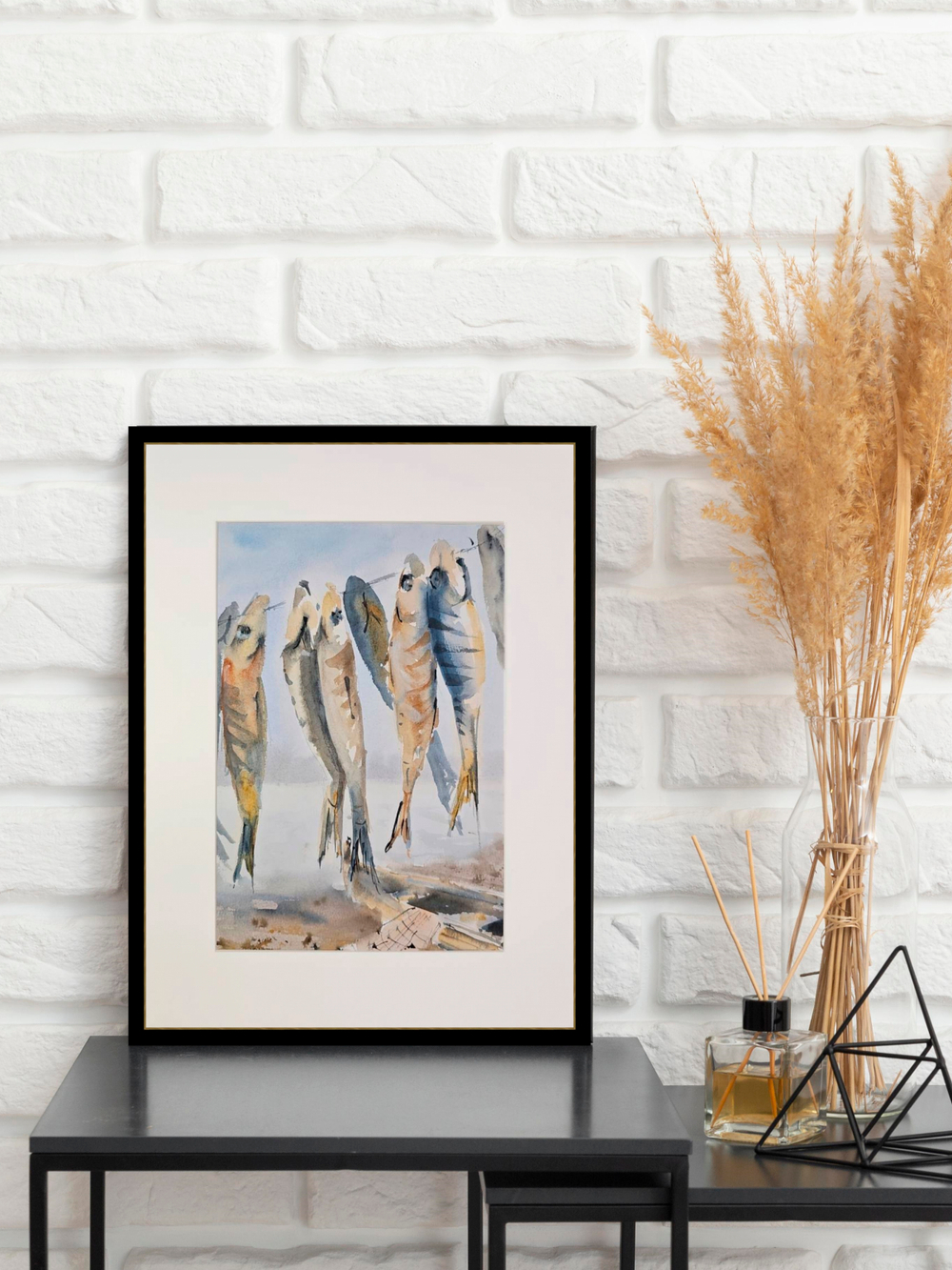 Картина авторская акварельная в паспарту 30х40 см на стену для интерьера "Рыбацкий промысел"