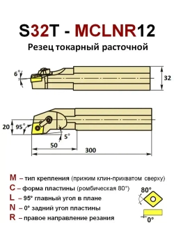 S32T-MCLNR12 Резец токарный расточной по металлу, державка 32х32 мм