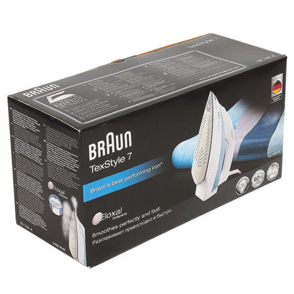 Утюг BRAUN TS725A, 2400 Вт, антипригарное покрытие, самоочистка, автоотключение, антикапля, белый/голубой