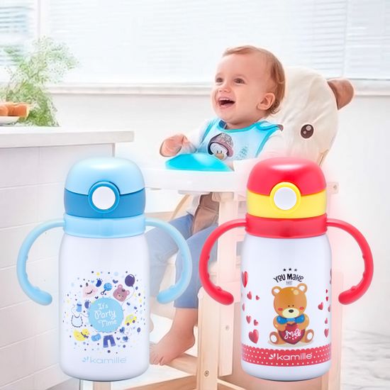 Термос для детей 300 мл. из нержавеющей стали Kamille КМ-2027 с трубочкой и двумя ручками