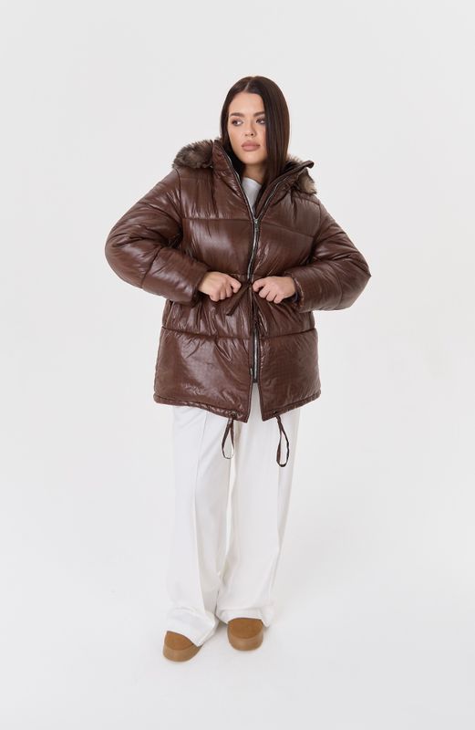 Куртка-парка с меховым капюшоном, коричневый