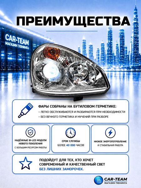 Фары на Лада Приора 1 (2170-72) передние с Bi LED модулями 2.5 дюйма, хром маска (под ключ)