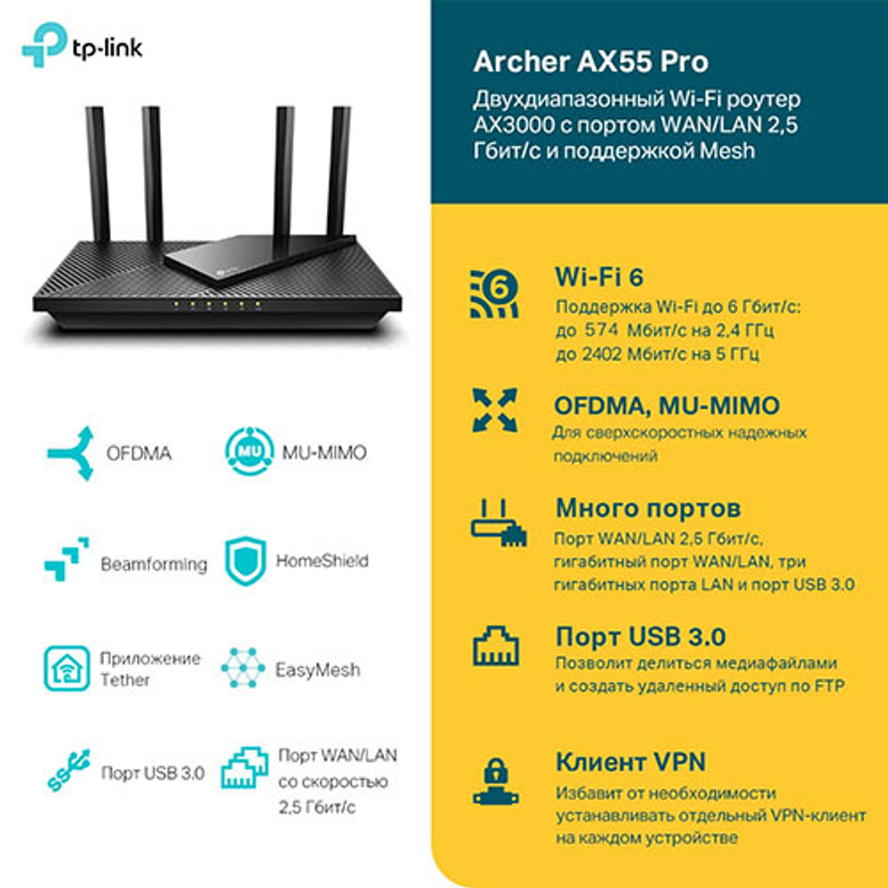 TP-Link Archer AX55 Pro Двухдиапазонный WiFi 6 роутер AX3000