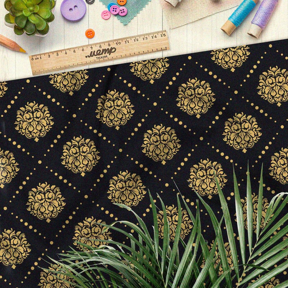 Ткань бифлекс золотой симметричный узор на чёрном фоне