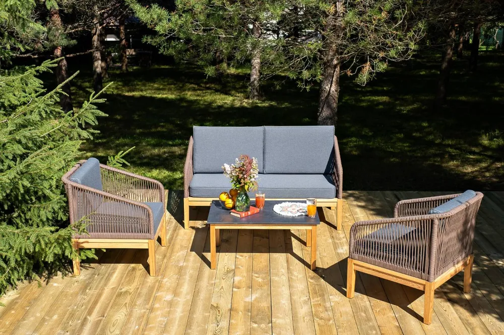 "Канны" лаунж-зона 4-местная из роупа со столиком "Канны" (серый гранит), основание дуб, роуп коричневый