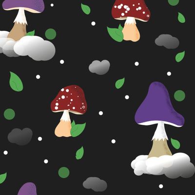 грибы в облаках на черном фоне