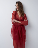 Блуза на пояске из шелковой органзы бордо