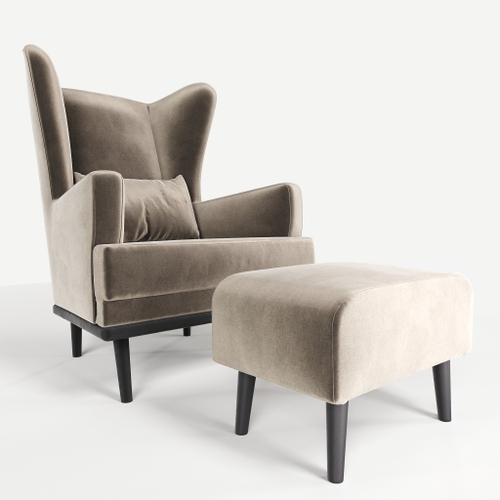 Комплект кресла и пуфа Фантазёр велюр Z-1 (Светло-бежевый) на высоких ножках, для отдыха и чтения книг. В гостиную, балкон, спальню и переговорную комнату.