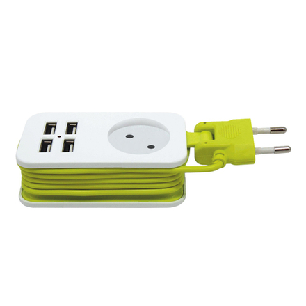 S-CT1-1.5U WHITE-GREEN Удлинитель серии Travel. шнур 1.5м.. 1 гнездо. 10A. б-з. 4USB2.1A. Белый с салатовым. ТМ Uniel