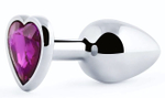Серебристая анальная пробка с фиолетовым кристаллом-сердечком - 8 см. (Цвет: фиолетовый)