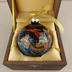 Шар новогодний с круговой росписью Палех "Конек-горбунок" в футляре