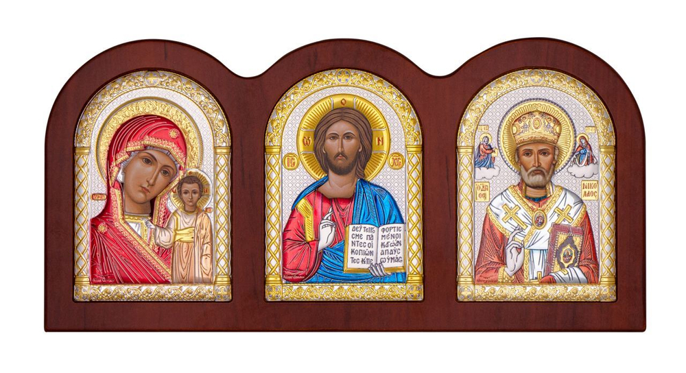 Триптих, Спаситель, Казанская БМ, Николай Чудотворец, икона, красное дерево, эмаль 75х160