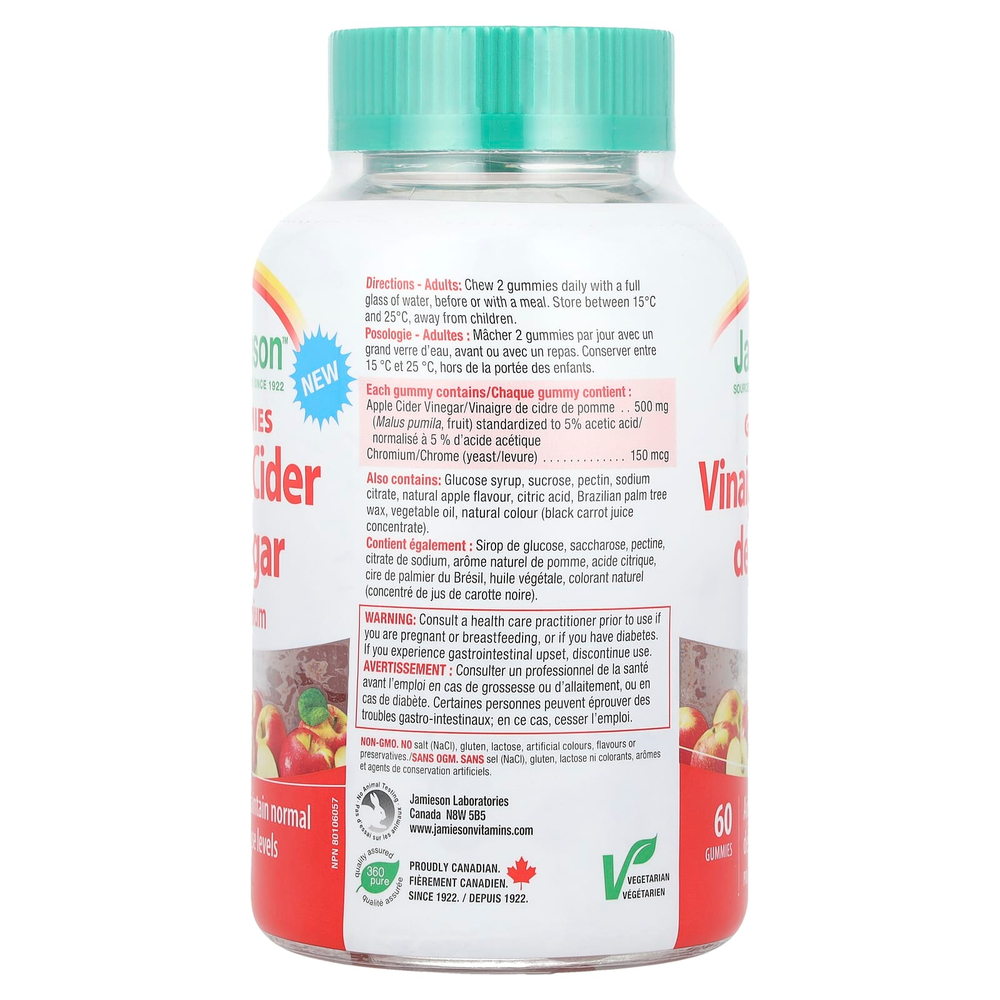 Jamieson Vitamins, Яблочный уксус с хромовыми жевательными мармеладками, красное яблоко, 60 жевательных мармеладок