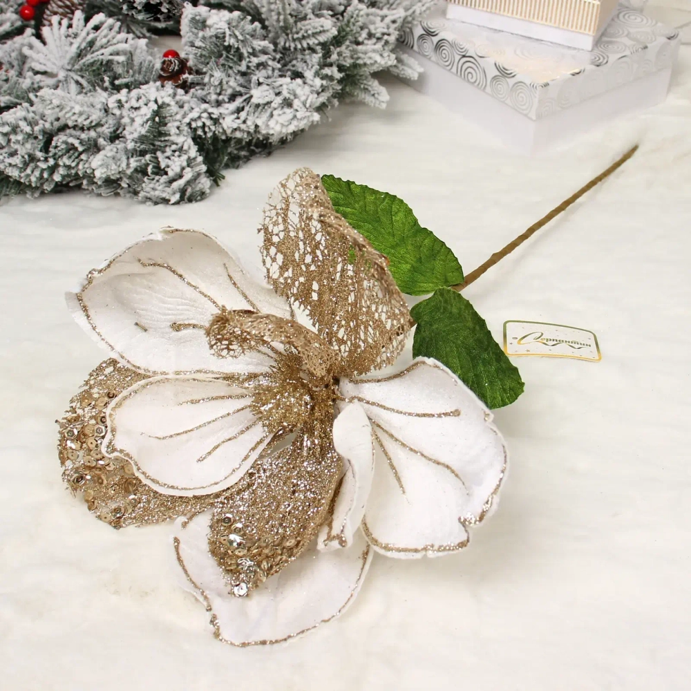 Украшение новогоднее «Пуансеттия - Рожедественская красавица» 23 см, Белый/Шампань