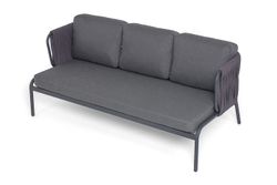 "Ронда" диван 3-местный плетеный из роупа, каркас алюминий темно-серый (RAL7024) муар, роуп серый 40 мм tex, ткань темно-серая 027