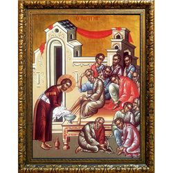 Омовение ног. икона Иисуса Христа на холсте.