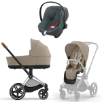 Коляска 3 в 1 Cybex Priam IV Chrome Brown complete и автокресло Aton B2 i-Size Steel Grey Cozy Beige