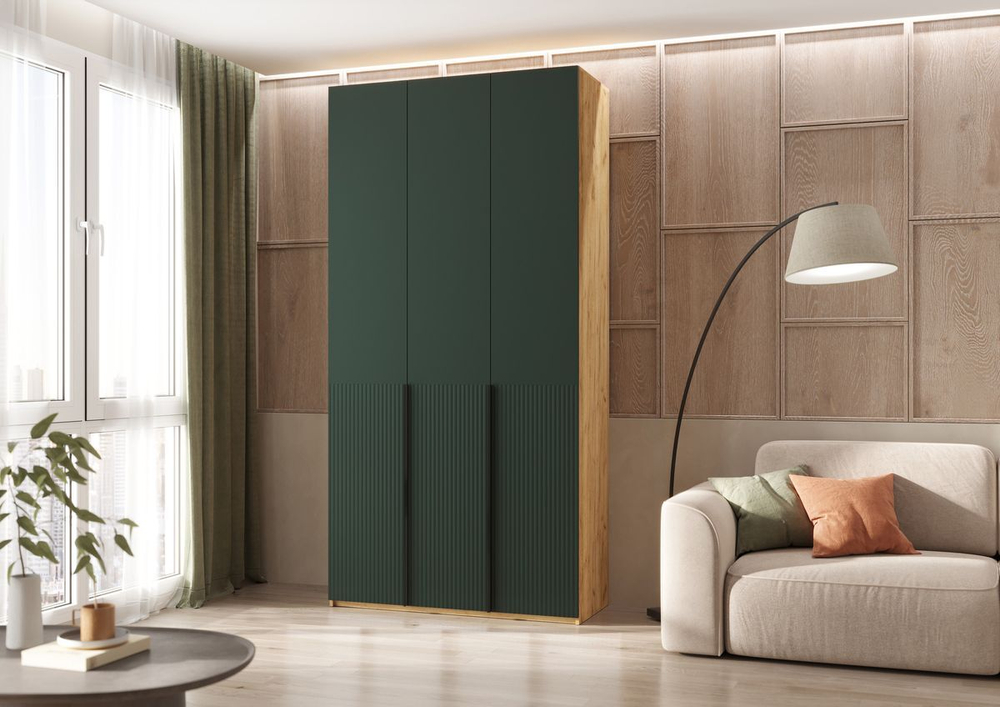 Шкаф для одежды распашной с полками и штангой 3 створки Браш Вайт/Дуб Крафт 120х 51х 240 см