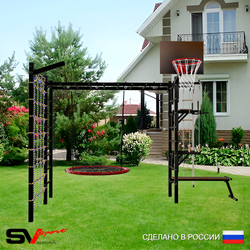 Уличная шведская стенка Sv Sport рукоход с комплектом турник прямой У5285К (Турник/Брусья/Стойка/Скамья/Гнездо 80см/Щит баскет/Кронш бокс/Канат/кольца/лестница/Сетка)