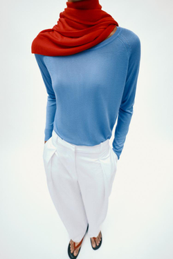 ZARA БАЗОВЫЙ СВИТЕР ИЗ ТОНКОГО ТРИКОТАЖА, СИНИЙ МЕЛАНЖ