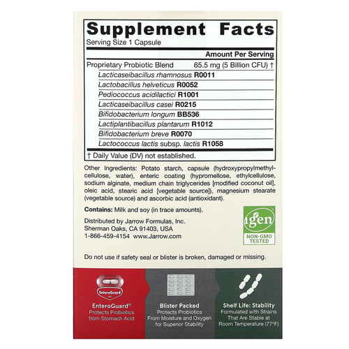 Jarrow Formulas, Jarro-Dophilus, ЭПС, пищеварительный пробиотик, 5 млрд КОЕ, 30 растительных капсул Enteroguard