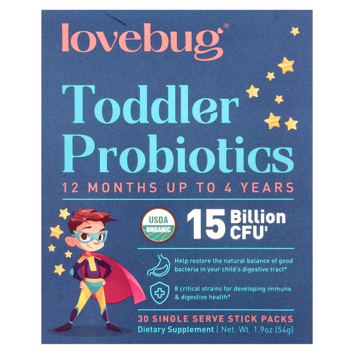LoveBug Probiotics, пробиотики для детей в возрасте от 1 года до 4 лет, 15 млрд КОЕ, 30 порций в индивидуальных стик-пакетах по 1,8 г (0,06 унции)