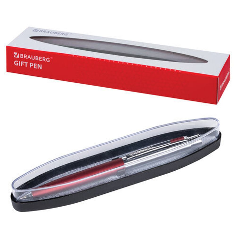 Ручка подарочная шариковая BRAUBERG "Cornetto", СИНЯЯ, корпус серебристый с бордовым, линия письма 0,5 мм, 143492