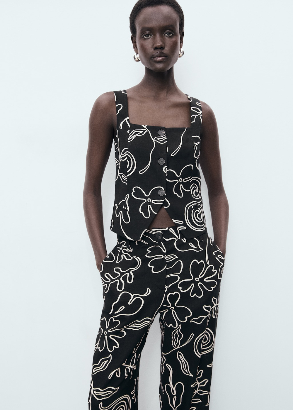 Брюки из смесового льна с цветочным принтом