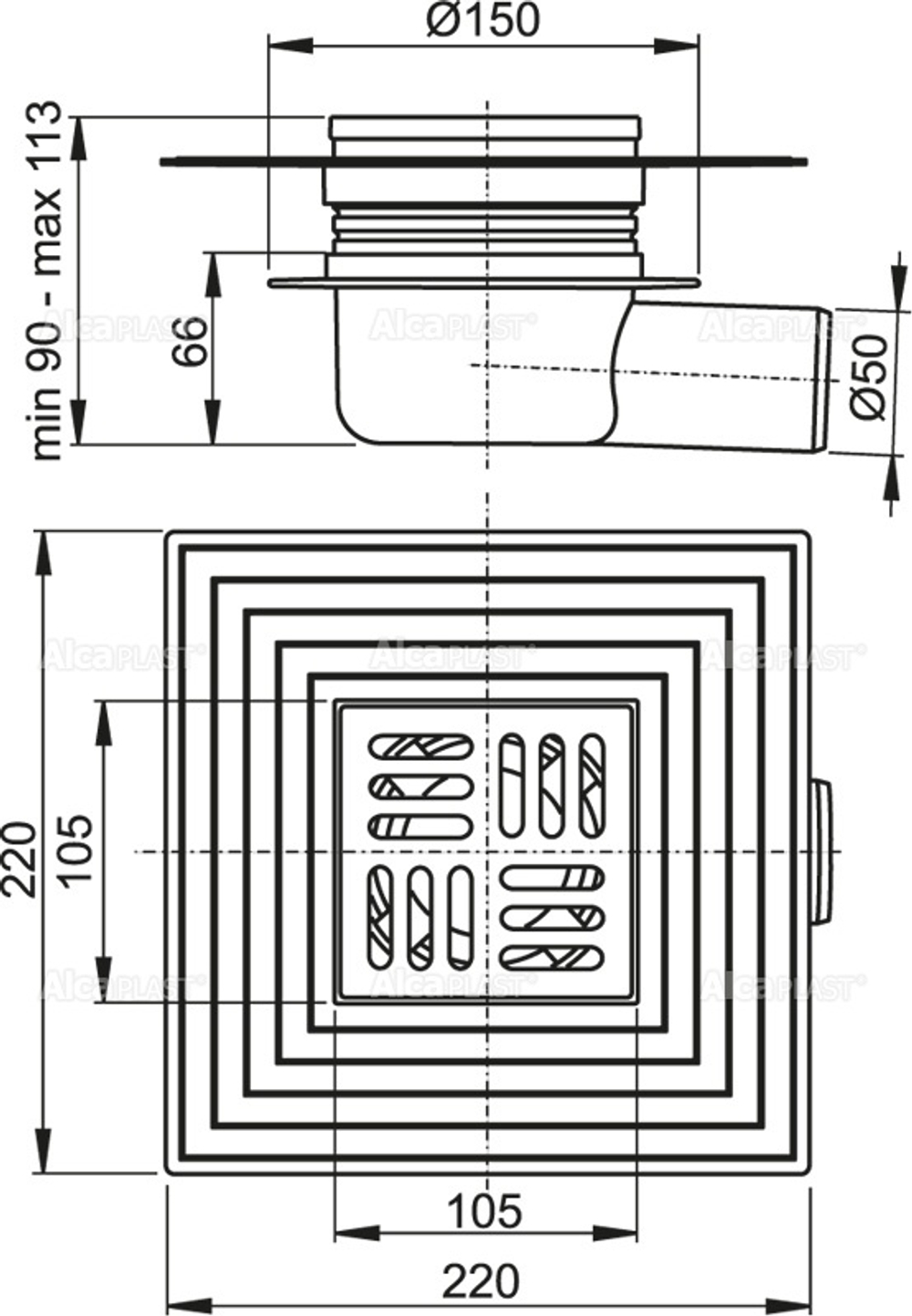 Сливной трап AlcaPlast APV26C 105 x 105/50