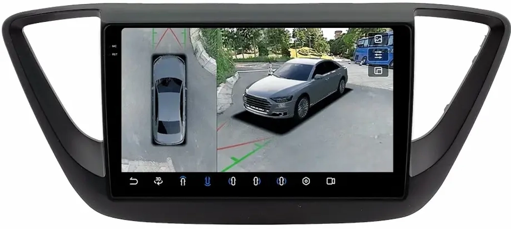 Магнитола для Hyundai Solaris 2 2017-2022, Solaris HS 2024+ (рамка черная матовая) - FarCar BX766M-360 монитор 9.5" 2K QLED на Android 13, 6Гб+128Гб, CarPlay, 4G SIM-слот, 4 камеры в комплекте