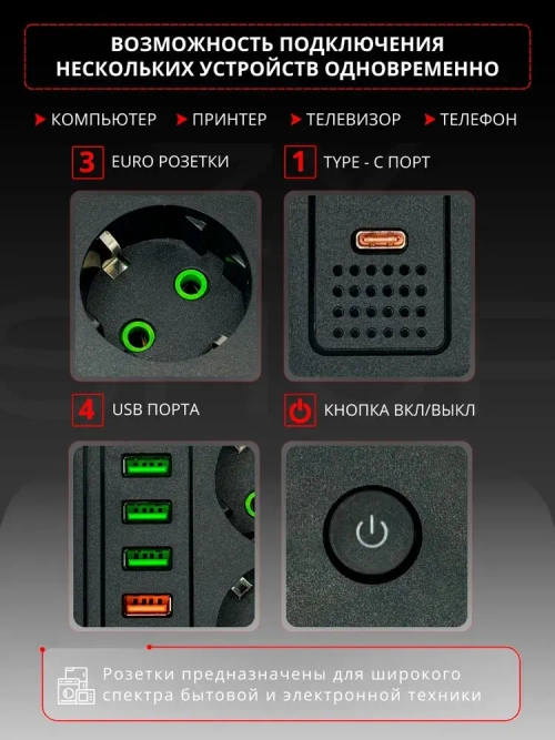 Сетевой фильтр 3 метра Удлинитель с USB и Type-c