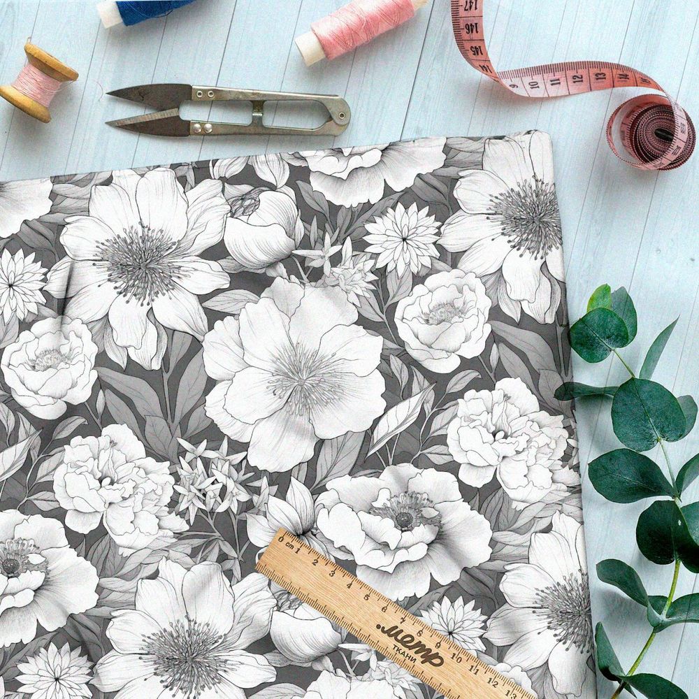 Ткань премиум сатин цветочный набросок