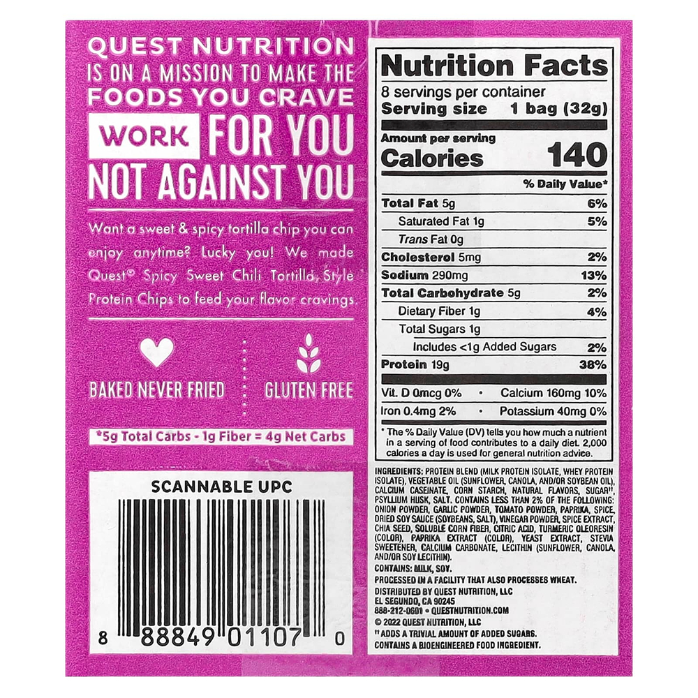 Quest Nutrition, Протеиновые чипсы по типу тортильи, острый сладкий перец чили, 8 пакетиков по 32 г (1,1 унции)