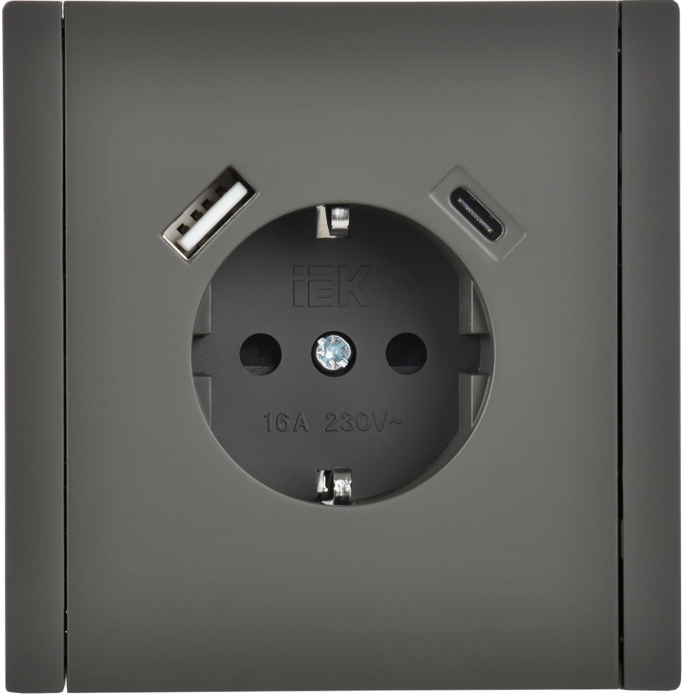 FORTE&PIANO Розетка 1-местная с заземлением с защитными шторками винтовое крепление 16А USB A+C 18Вт FP347 серый IEK