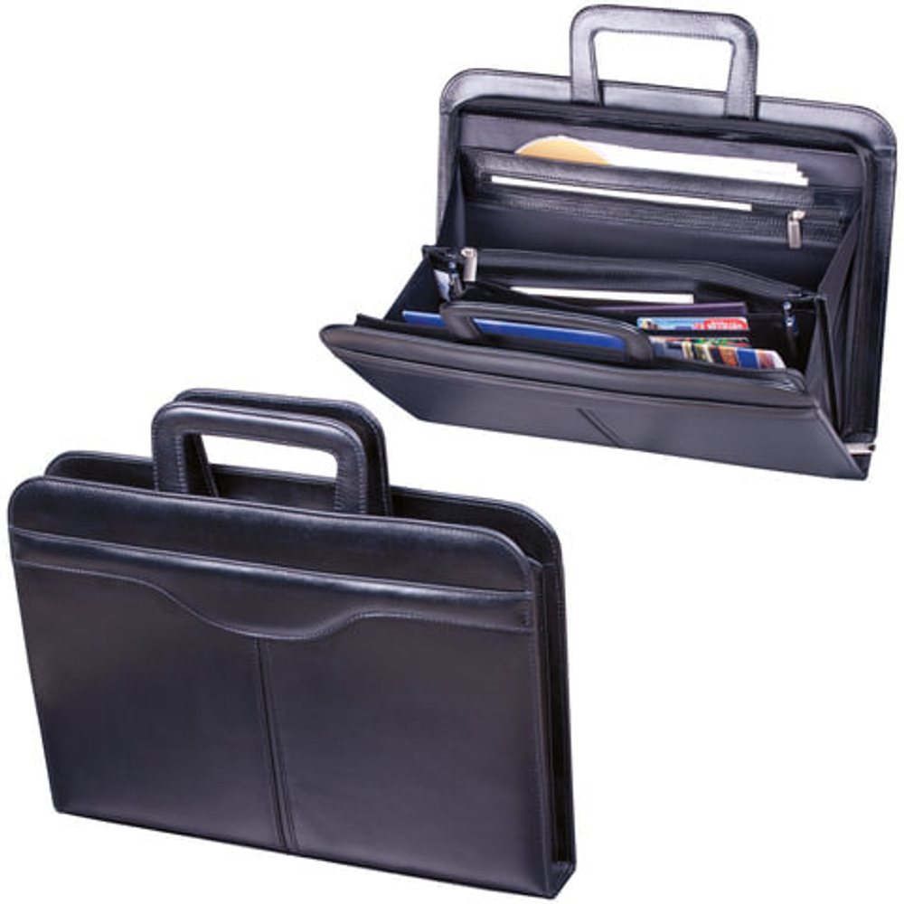 Папка из натуральной кожи на молнии, с выдвижными ручками, 385х280х50, черная, 8-021