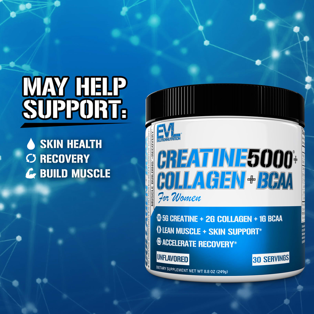 EVLution Nutrition, Creatine5000® с коллагеном и BCAA, для женщин, без добавок, 249 г (8,8 унции)