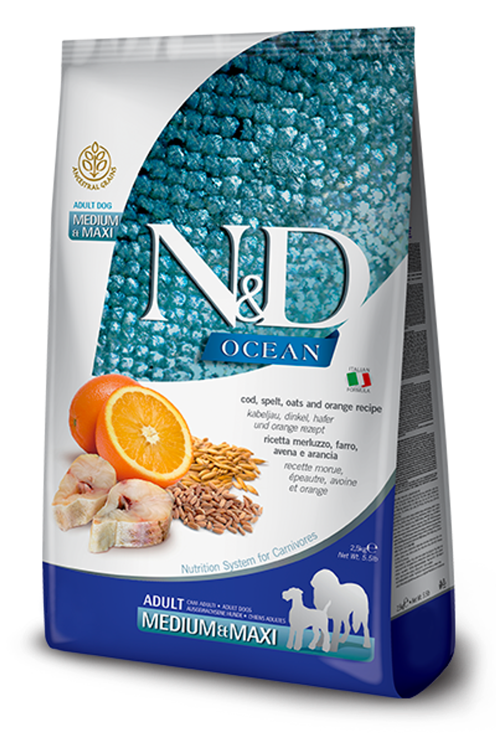 Сухой корм Farmina N&D Ocean Cod Spelt Oats & Orange Adult Medium & Maxi для взрослых собак средних и крупных пород