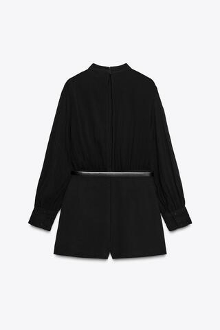 ZARA КОМБИНИРОВАННЫЙ ПОЛУПРОЗРАЧНЫЙ КОМБИНЕЗОН С ПОЯСОМ, ЧЕРНЫЙ