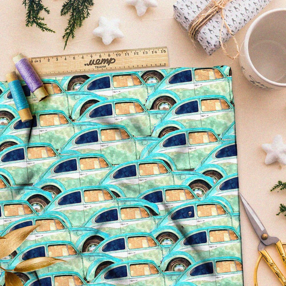 Ткань бязь автопарк бирюзовых машин