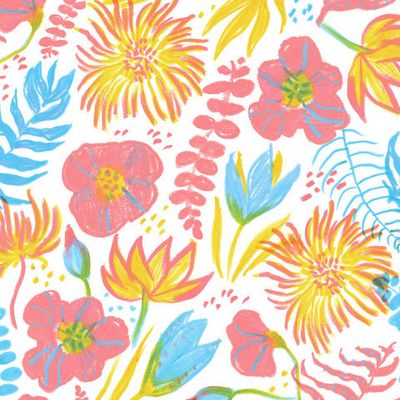 Тропический сад в красном, желтом, голубом